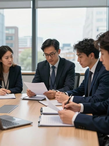 Editorial corporate photography, focused researchers analyzing data in a modern London boardroom, cool natural window light, deep navy tones, shallow depth of field, 35mm.
