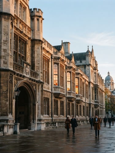A prestigious stone university building in London, soft morning light, deep navy shadows, golden hour reflection on windows, editorial 35mm photography