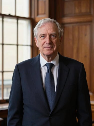 A portrait of a distinguished senior academic in a wood-paneled London study, soft window light, professional editorial style, deep navy tones, 35mm