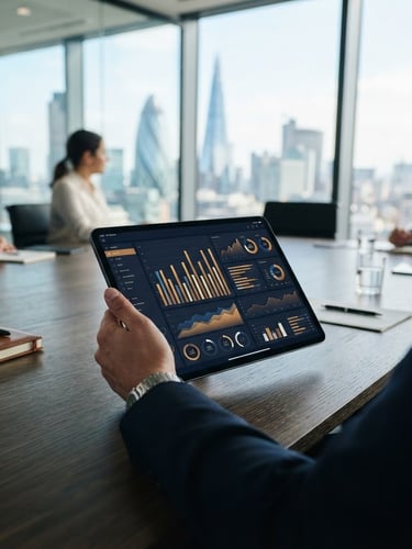 Editorial corporate photography, bright natural daylight, a modern glass-walled boardroom in London, sharp focus on a digital tablet showing analytical charts, deep navy and warm amber tones, shallow depth of field, 35mm
