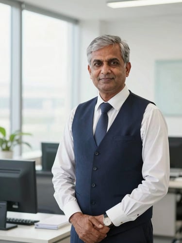 A professional portrait of a senior Indian chartered accountant in a modern, bright office in Gurugram, natural daylight, navy and white accents, sharp focus, corporate editorial style