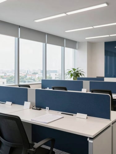 A bright, modern corporate office interior in Bengaluru with clean desks, neat paperwork, and large windows letting in natural daylight, corporate navy accents