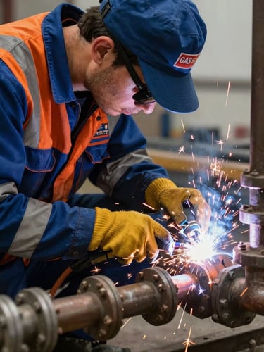 Close-up of a Gas Safe registered technician performing off-site welding on heavy-duty pipework in a workshop, sparks visible, sharp directional lighting, deep blue and orange safety gear.