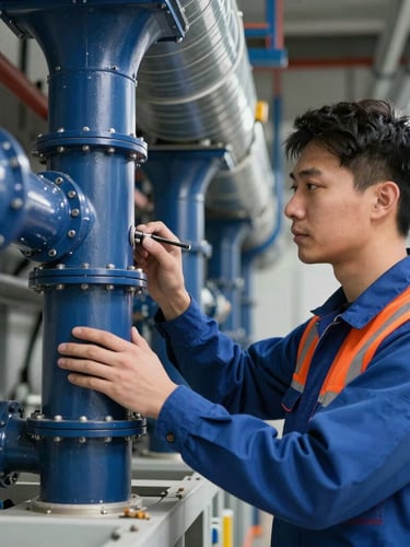 Portrait shot of a technician inspecting ventilation ducting in a commercial building, focus on system details and compliance, sharp industrial light, crisp details, deep blue and high-visibility orange accents.