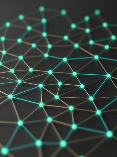Abstract 3D render of interconnected digital nodes, glowing teal and subtle gold pathways on a dark graphite background, tech portfolio aesthetic