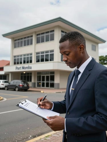 Exterior of a mid-rise commercial building in Port Moresby, a property manager in business casual reviewing a document on a clipboard in the foreground, practical daylight from overcast sky, street-level context with parked vehicles