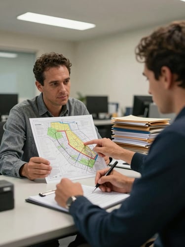 Medium shot of two people at a modest office table in Port Moresby, one holding a printed land survey map and pointing to a section, the other taking notes on a clipboard, practical fluorescent office lighting, stacks of folders visible in the background, no posed smiles