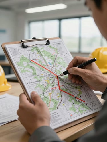 Close-up of hands holding a land survey map on a clipboard at a PNG worksite, pen marking a lot boundary, practical office fluorescent and window light, documents and a hard hat visible on the table edge