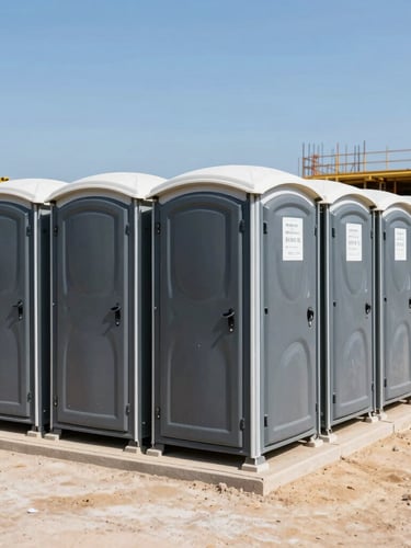 A pristine row of clean dark-gray portable restrooms neatly aligned on a bright, active construction site under clear midday sun, sharp focus, industrial theme