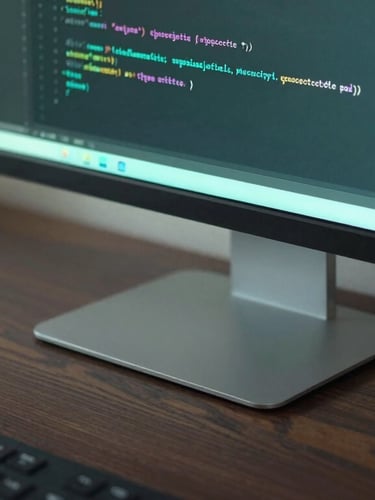 Close-up of a clean code editor on a monitor, reflecting a subtle mint-teal glow on a dark wooden desk, cool natural daylight, sharp focus.