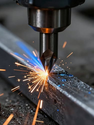 Extreme close-up of a sharp CNC carbide tool cutting hardened tool steel, bright orange sparks, cold steel blue coolant spray, high-contrast industrial lighting, macro depth of field
