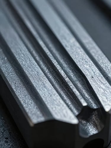 Macro close-up of finished steel press tools showing precise tool paths, cool metallic lighting, deep slate and steel tones, 35mm