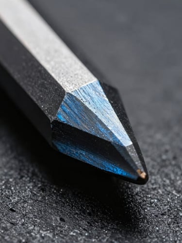 Extreme close-up macro photography of a hardened tool steel progressive die edge, razor-sharp metallic tool path lines, cool blue highlights on dark slate steel, 35mm