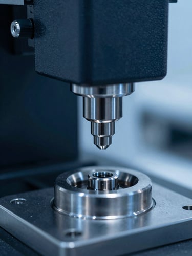 A high-precision coordinate measuring machine inspecting a machined steel component, cool blue lighting, metallic reflections, extreme close-up, 35mm