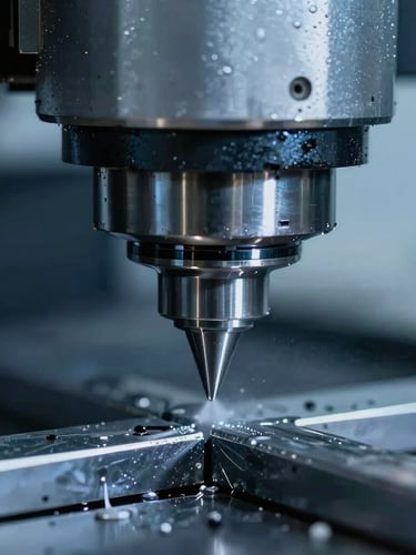 Extreme close-up of a multi-axis CNC milling head cutting tool steel with high-pressure coolant spray, sharp metallic reflections, cool blue lighting, 35mm