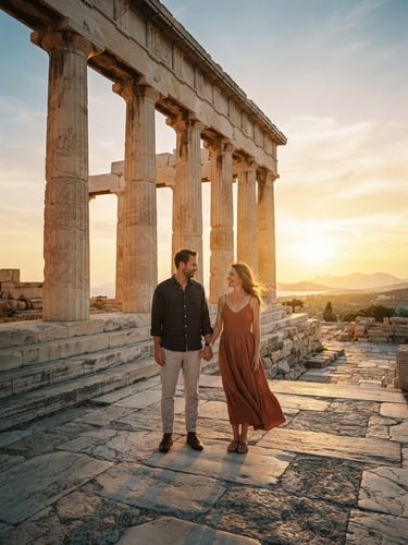 Wide-angle portrait of a couple standing before a grand Grecian colonnade at sunset, warm golden-hour light casting long dramatic shadows, rich saturated tones, 35mm film look.