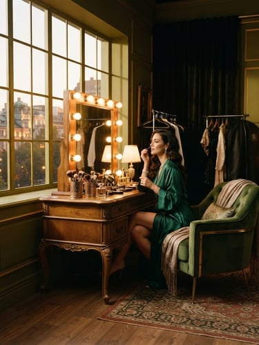 Wide-angle editorial photograph of a luxury green room interior, warm golden-hour light streaming through a large window, elegant vanity table with glowing bulbs, plush velvet armchair, 35mm film look