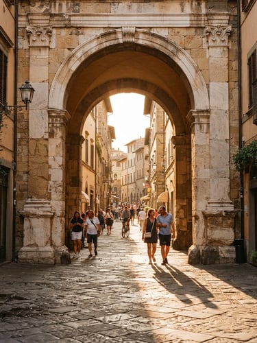 Wide-angle editorial shot of a grand European stone archway at golden hour, warm sunlight streaming through, casting long romantic shadows, 35mm film look.