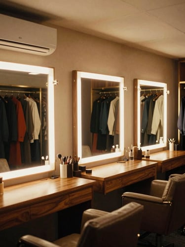 Medium shot of a private air-conditioned styling suite, professional illuminated mirrors casting a warm glow, high-end wardrobe racks, rich textures of wood and brass, 35mm film look