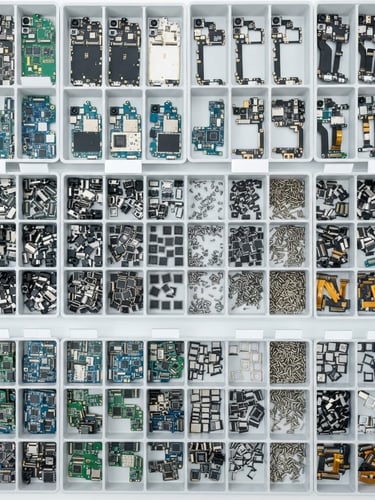 Overhead flat-lay of neatly organized bulk trays of mobile phone components, circuit boards, and connectors under bright high-key studio lighting.