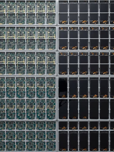 Overhead flat-lay of neatly organized bulk trays containing green circuit boards and mobile phone replacement screens, bright high-key product photography, crisp studio light, sharp focus