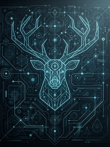 Abstract vector schematic of the Azure Stag protocol, a complex geometric pattern in deep cyan and slate, illuminated by cold terminal light, high contrast, heavy shadows.