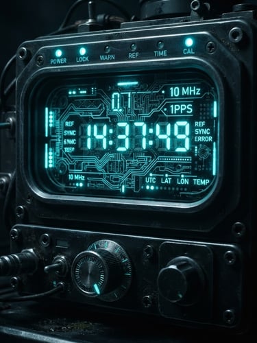 Macro close-up of a retro-futuristic atomic clock, glowing cyan display, dark low-key photography, cold terminal screen illumination, heavy shadows.
