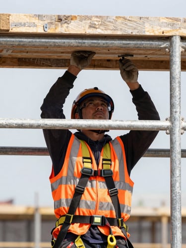 Close-up of a construction worker in high-visibility orange vest and safety harness adjusting scaffolding, crisp daylight, sharp focus, 35mm