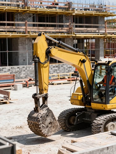 Crisp documentary construction photography, active commercial site, worker in high-visibility orange vest operating equipment, bright daylight, sharp focus, 35mm