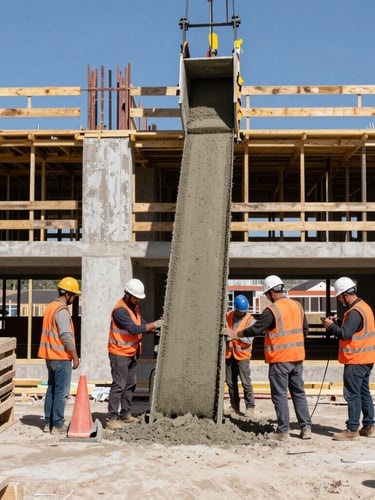 Crisp documentary construction photography, commercial building site under bright Utah daylight, active crew wearing high-visibility orange vests coordinating a concrete pour, sharp focus, 35mm