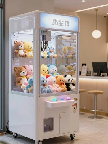 A clean, modern claw machine filled with high-quality plush toys, standing in a bright boba tea shop next to a counter, natural ambient light