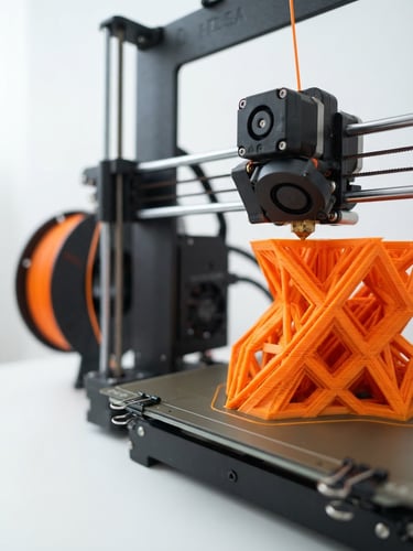 Wide panoramic shot of a modern 3D printer nozzle precisely laying down orange filament onto a partially finished intricate 3D print, surrounded by soft studio lighting, with a clean, light background, off-center to the right, sharp details on 3D printed textures.