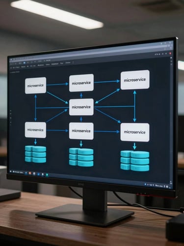 Wide terminal window on a dark monitor showing a system architecture topology diagram — microservice nodes connected by labelled arrows, database clusters annotated, cool blue-cyan accent lines on near-black background, studio overhead lighting, sharp focus