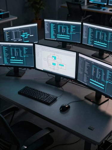 Wide overhead view of a multi-monitor engineering workstation, terminal windows displaying system architecture topology in cyan and white text, dark desk surface, cool studio lighting, no human subjects