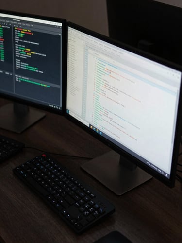 Close-up overhead view of a multi-monitor developer workstation, terminal windows displaying database query logs and system metrics, cool studio lighting, dark desk surface, precise and clinical framing