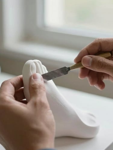 Close-up of a technician's hands carefully shaping a white plaster foot mold with a metal rasp, soft natural window light, shallow depth of field, 35mm lens