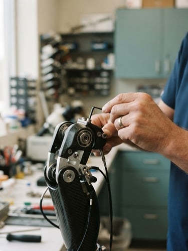 Macro shot of a technician adjusting a carbon-fiber prosthetic joint, bright natural window light, shallow depth of field, clinical teal accents