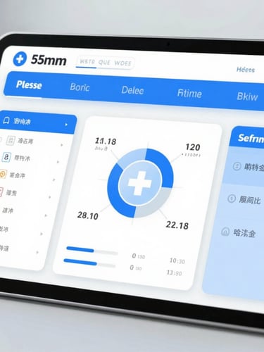 Close-up of a clean abstract healthcare UI dashboard on a tablet in a bright clinical environment, soft natural daylight, professional editorial framing, 35mm.