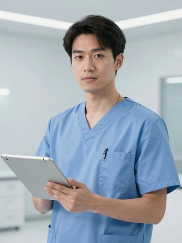 A professional male clinician in light blue scrubs holding a medical tablet, clean clinical lighting, modern clinic background, professional editorial framing, 35mm