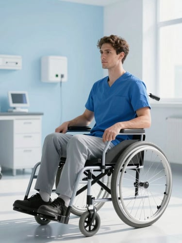 A professional editorial portrait of a male wheelchair user in a bright, modern, minimalist clinic setting, soft natural daylight, clinical blue tones, 35mm.