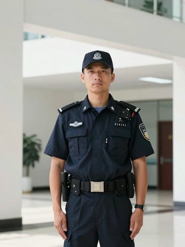 Crisp corporate photography of a uniformed security professional standing alert in a bright, modern building lobby with clean architectural framing, natural daylight, 35mm