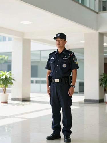 A crisp environmental shot of a uniformed security professional standing alert in a bright, modern corporate building lobby, natural daylight, 35mm.