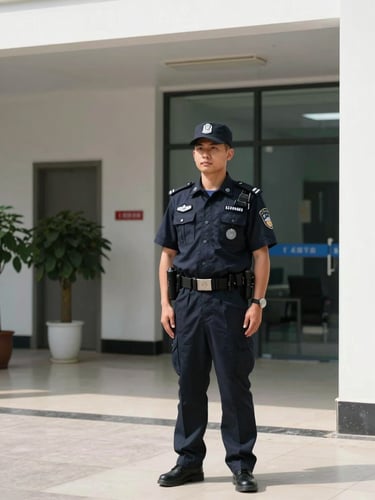 Crisp corporate photography, bright natural daylight, a uniformed security professional standing alert in a modern building lobby, 35mm