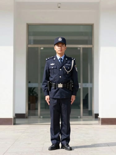 Crisp corporate photography, bright natural daylight, a disciplined security guard in a smart navy uniform standing alert in a modern office lobby, 35mm