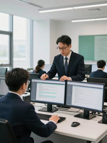A professional operations director in a clean modern office environment reviewing security dispatch protocols on monitors in a bright, clean control room, daylight, 35mm