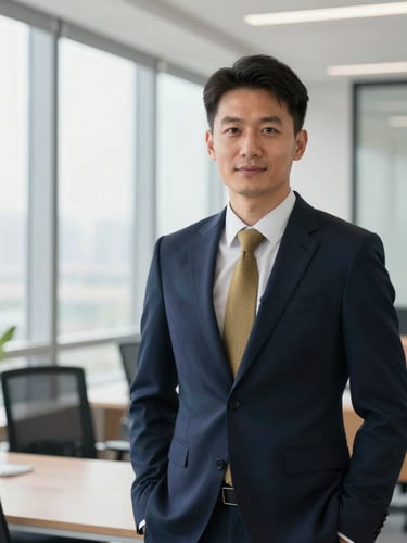Professional portrait of a corporate executive in a modern bright office, natural window light, deep navy attire, shallow depth of field, 35mm