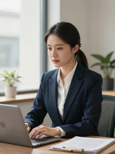 A professional portrait of a focused hiring consultant in a bright, modern office with soft natural window light, deep navy tones, shallow depth of field