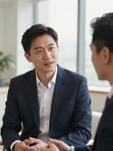 A medium close-up of two professionals in active discussion during an interview, bright natural window light, neutral architectural background, 35mm