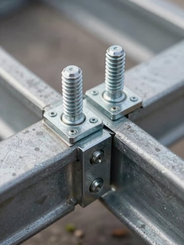 Extreme close-up of a galvanized steel frame bolted connection — two C-section studs meeting at a load-bearing joint, visible fasteners and metal plate, sharp detail under controlled natural light, industrial gray tones, no people