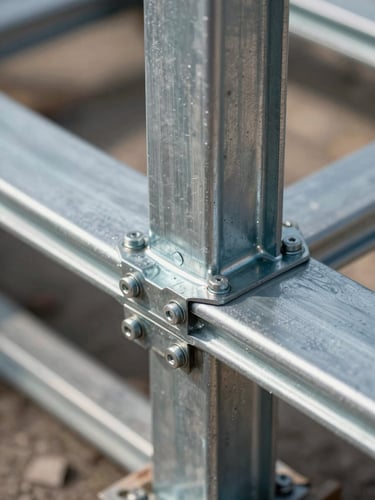Extreme close-up of a bolted steel frame joint connection, galvanized steel profile intersecting a column bracket, natural construction site daylight, sharp detail of fasteners and load-bearing interface, no people